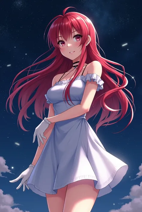 Red long hair anime girl，White Gloves，short skirt dress，Night Sky