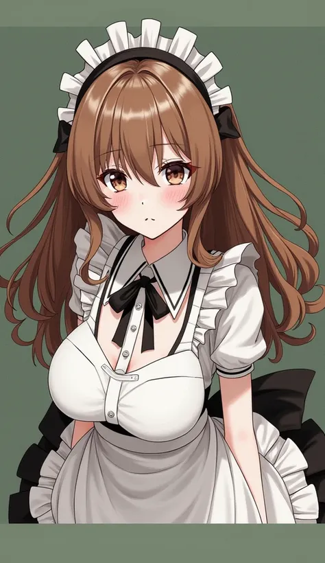 The girl with the exact same face as in the picture、Maid uniform、Long curly hair、Large Breasts