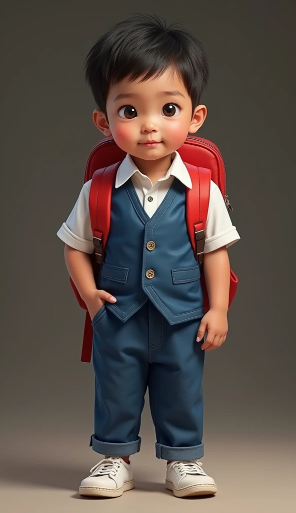 Realistis,high resolution,Indonesian boy 4 yo wearing a blue dress vest and white shirt,red bag,white shoes