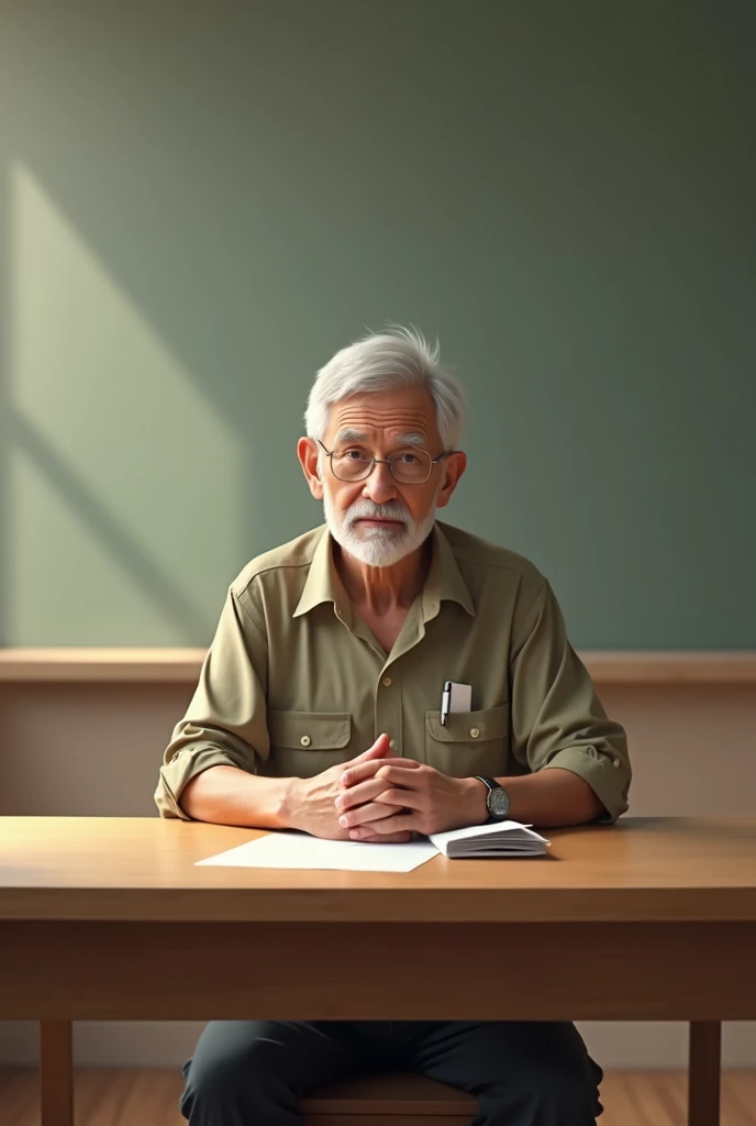 A teacher sitting at a bare table  