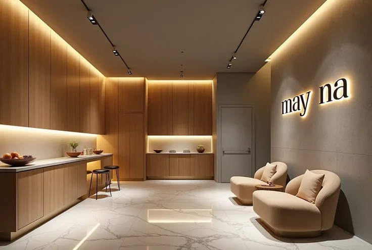 HAIR SALON
DESIGN: 1.2, Minimalist interior design, lettering ((MAY NA)) is integrated into the interior design: 1.4, YELLOW LED lights under the interior, interior made from NATURAL OAK, design style WABISABI design, concrete effect walls, gray ceiling, m...