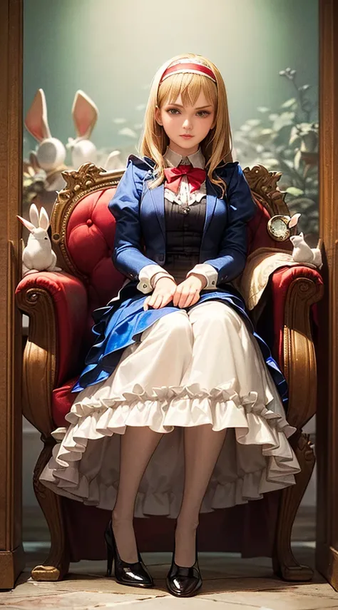 (((masterpiece))), (((Best image quality))), (((Ultra-realistic depiction))), (((Alice in Wonderland in Gothic Fashion))), (((Diorama world view))), Pocket watch, Checkered Floor, Rabbit in a tuxedo, King and Princess with Tramp Bodies, Poisonous mushrooms...