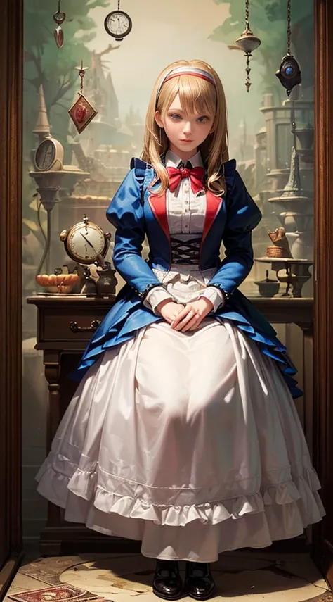 (((masterpiece))), (((Best image quality))), (((Ultra-realistic depiction))), (((Alice in Wonderland in Gothic Fashion))), (((Diorama world view))), Pocket watch, Checkered Floor, Rabbit in a tuxedo, King and Princess with Tramp Bodies, Poisonous mushrooms...