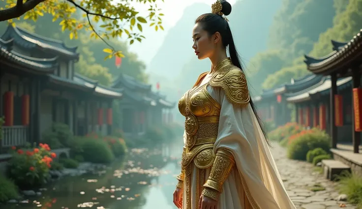 Fengshen Bang，tmasterpiece，ultra fine photos，，best qualtiy，Ultra-high resolution，Photoreality，Chiaroscuro，，stunningly beautiful，dynamicposes，delicated face，Bigchest，She wears gold ancient Chinese armor，very highly detailed background，detailed face with，Det...