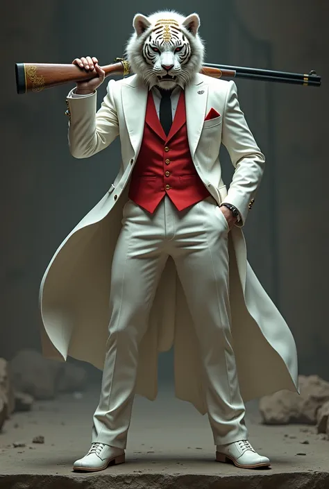 RPG, realistic tall man, a white tiger mask covering his face, metal mask, tall figure in white suit and red vest with white tiger mask, the mask has golden intricate embellishment designs, angry expression, holding a shotgun on his shoulder, highly detail...