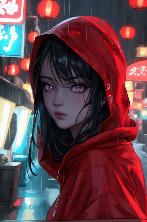 a mysterious woman wearing a red hooded sweatshirt on the streets of a Japanese town at night, detailed face, beautiful detailed eyes, beautiful detailed lips, extremely detailed eyes and face, longeyelashes, detailed clothing folds, dramatic lighting, cin...