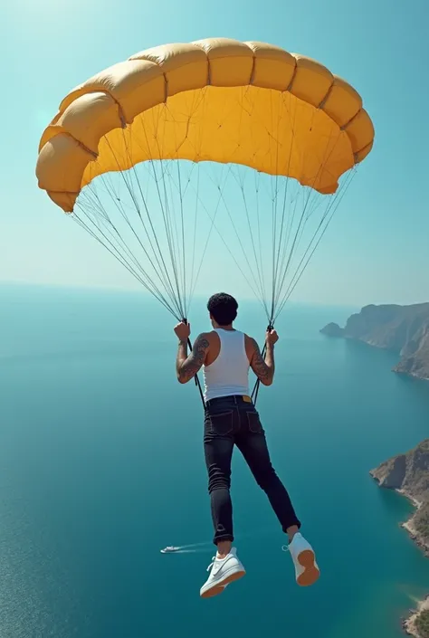 Korean male 2 Short straight hair to the ears black, black eyes, natural shiny leather, glossy lips, Defined facial muscles, tattooed, flying with your parachute open landing and descending on Sicily with feet on the sea, him with white tank top and black ...