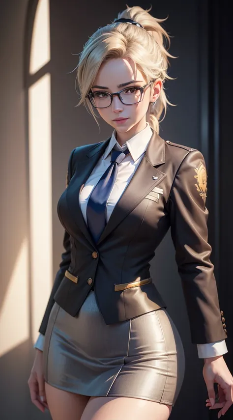 (absurdres, highres, ultra detailed), masterpiece, mercy (overwatch), ((solo)), ponytail, dark brown hair, makeup, 1girl, skirt suit, business suit, three-piece suit, grey plaid suit, waistcoat, blue shirt white collar, gold necktie, bodycon skirt, miniski...