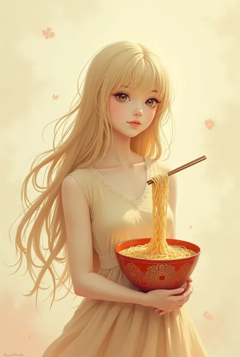 One girl, Long Hair, Cup ramen personified simple background, Minimalist, Abstract painting, Alphonse Mucha, Gentle colors, Soft Light, 