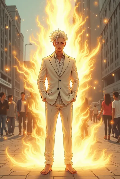 (absurdities, High resolution, ultra detailed manhwa, realistic, Nordic), 1 boy, Young, muscular body, messy white hair up, red eyes, wearing white suit, releasing a golden energy , barefoot, hands in pockets, serene gaze, magical atmosphere, people in the...