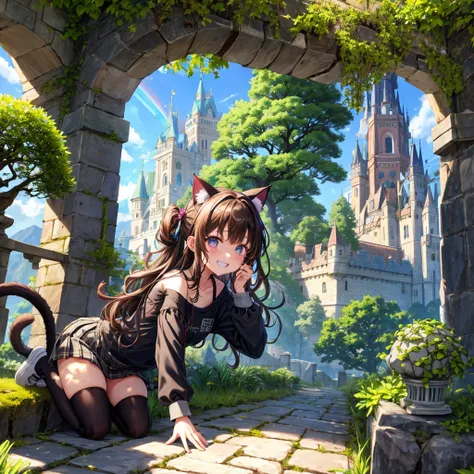 Rainbow brown hair、Rainbow Eyes、Wavy Hair、Hair tied up、Two cute、Checked mini skirt、Black T-shirt、Long sleeve、Cat ear hood、Black knee-high socks、Teeth are visible、Monster Castle、Tilting face、lawn、In front of the city gates、The stone is cracked、Uneven ground...