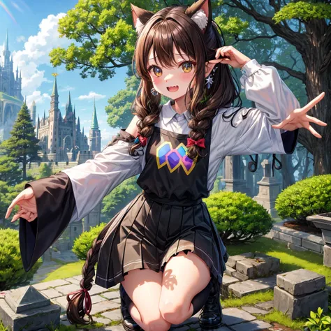 Rainbow brown hair、Rainbow Eyes、Wavy Hair、Hair tied up、Two cute、Checked mini skirt、Black T-shirt、Long sleeve、Cat ear hood、Black knee-high socks、Teeth are visible、Monster Castle、Tilting face、lawn、In front of the city gates、The stone is cracked、Uneven ground...