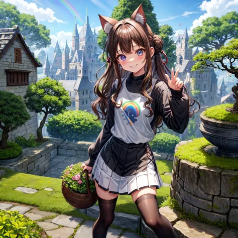 Rainbow brown hair、Rainbow Eyes、Wavy Hair、Hair tied up、Two cute、Checked mini skirt、Black T-shirt、Long sleeve、Cat ear hood、Black knee-high socks、Teeth are visible、Monster Castle、Tilting face、lawn、In front of the city gates、The stone is cracked、Uneven ground...