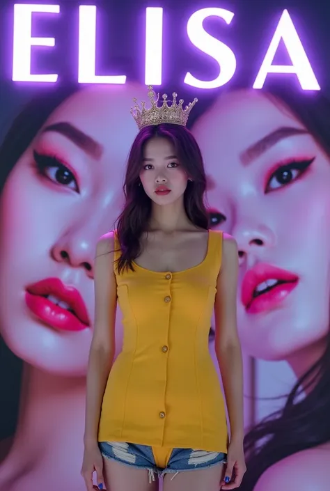 "Create a realistic image of a young Korean woman wearing a yellow Doraemon-themed dress posing in front of a large advertising poster. The woman wears an elegant crown on top. She is also wearing ripped blue shorts. Her expression is calm and confident wi...