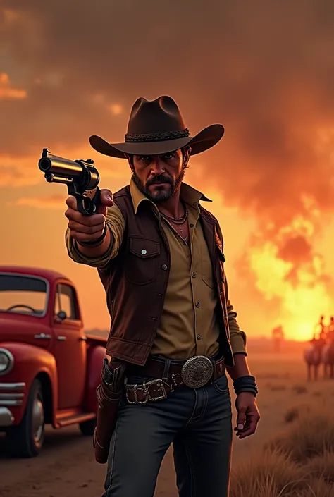 rpg,Cowboy animation style,Dark brown cowboy hat,shirt,belt, jeans, looking at the audience, Holding a revolver in his right hand and pointing at the camera,There is a red car right behind the character,There is fuse explosive next to it,Explosion Effect,N...