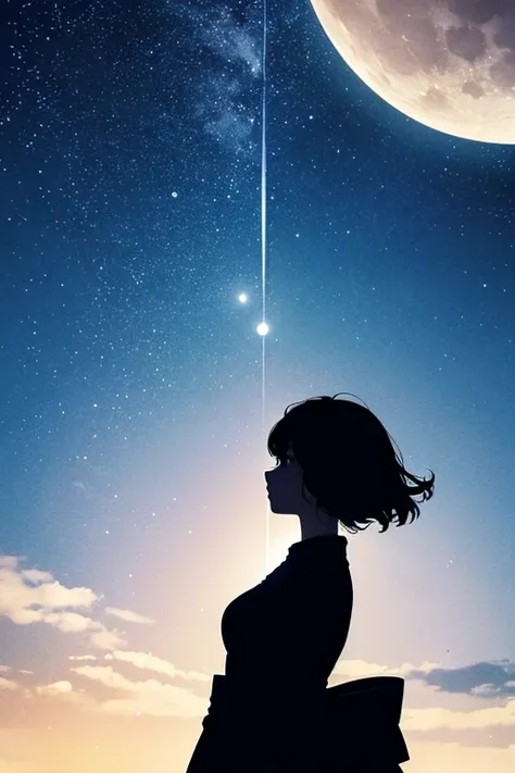 Best Quality,Big moon and shadow,A silhouette of a person can be seen against the backdrop of a large moon.,There is one full moon,There is a mood,Beautiful scenery,Starry Sky