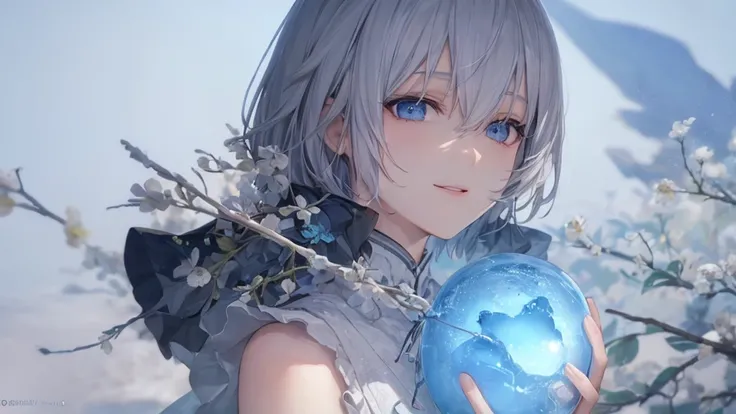 Ultra HD,Look at the viewers, and, 20 years old, 非常にShort Hair, Long bangs between the eyes, Pale blue eyes, Very detailed,(masterpiece、Best Quality),Gray Hair、Laughter、wonderful, Silver Hair, iris, Short Hair、Small face、明るいsmile、(Detailed face) ,Professio...