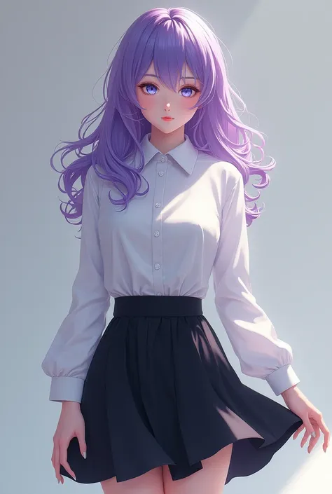 A white-skinned woman with purple hair and blue eyes, 170 cm tall, is a school girl wearing a white long-sleeved shirt and a black short skirt.

