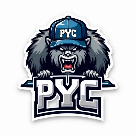 a competitive free fire logo that says "The Yeti" with an angry Yeti wearing baseball caps, the words "PYC" on the cap. White Background