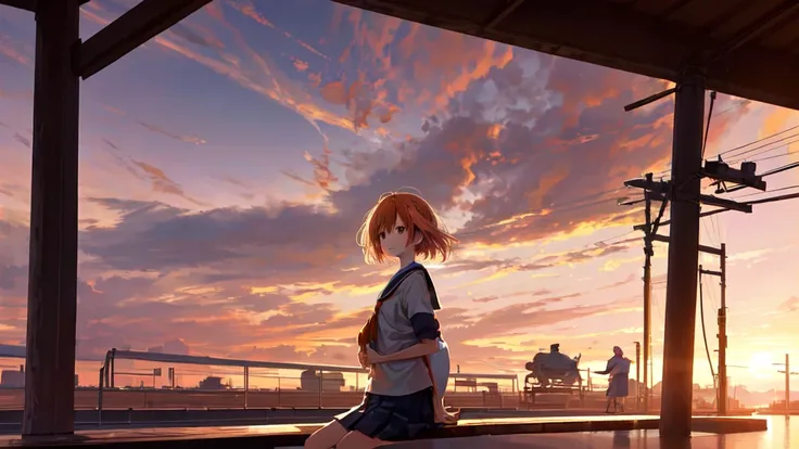 Ultra high quality, ultra high resolution, sunset over the horizon at a quiet train station, a young Japanese girl sitting on a wooden bench on the platform, wearing a school uniform, looking into the distance while waiting for her train, soft lighting, no...