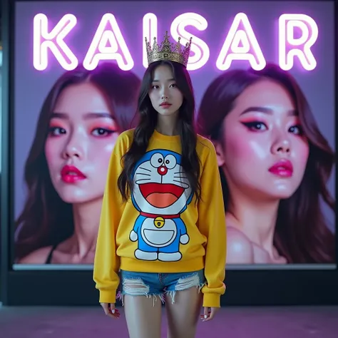 "Create a realistic image of a young Korean woman wearing a yellow Doraemon-themed dress posing in front of a large advertising poster. The woman wears an elegant crown on top. She is also wearing ripped blue shorts. Her expression is calm and confident wi...