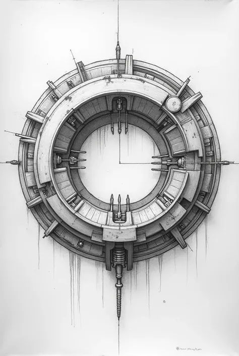 "A hand-drawn, rough pencil sketch of a futuristic arc reactor with visible pencil strokes and imperfections. The design should be circular with intricate mechanical details, coils, and wiring. It should look quickly sketched by hand, with rough lines, sha...