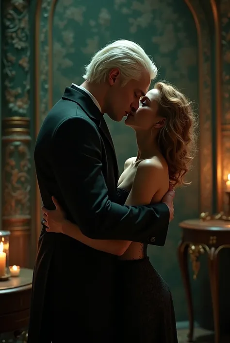 Draco and hermione kissing in a room with dark and green vibes 