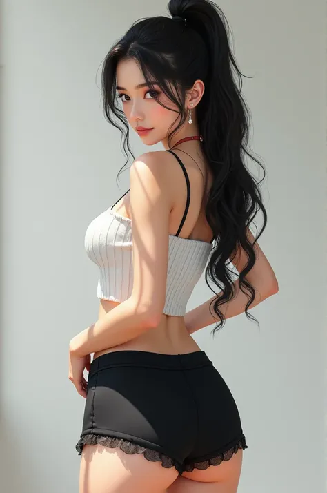 (Ultra-realistic), (shape), (High resolution), (8k), (Very detailed), (Best shape), (Big beautiful double eyelids), (Best Quality), (Very detailedな), (masterpiece), (wallpaper), (Detailed face), sea、Underarm, thick, High ponytail、Inner Color,Alone,White kn...