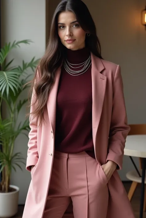 A tall and slender young woman with long dark hair parted in the middle is dressed in a stylish pink overcoat paired with matching pink trousers and white sneakers. She wears a burgundy sweater underneath, accessorized with a silver chain necklace. The set...