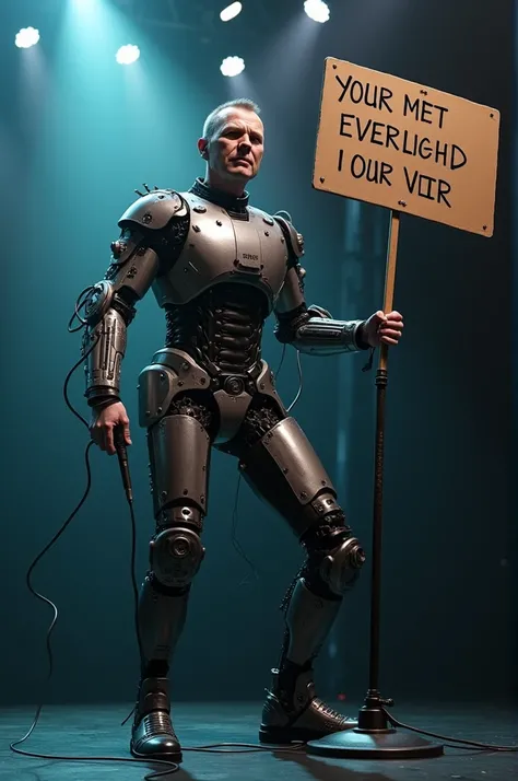 Cyborg Ricky Gervais with Microphone and Mic Stand on stage in the year 2346 holding a sign that reads, Fuck All, My Uber flew me past Ohio 