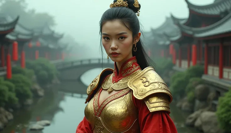 Fengshen Bang，tmasterpiece，ultra fine photos, best qualtiy，Ultra-high resolution，Photoreality，Chiaroscuro，，stunningly beautiful，dynamicposes，delicated face，Bigchest，She wears gold ancient Chinese armor，very highly detailed background，detailed face with，Det...