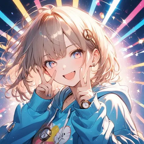 A woman winking,Wearing a hoodie,Moe Sleeve Hoodie,Peace sign,Photo shoot pose,Shining Eyes.Glowing eye highlights,Sparkling,Like a jewel,Wink, bright background,Geometric patterns,Radial Official illustration style,A masterpiece from the front,Best Qualit...