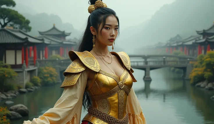 Fengshen Bang，tmasterpiece，ultra fine photos, best qualtiy，Ultra-high resolution，Photoreality，Chiaroscuro，，stunningly beautiful，dynamicposes，delicated face，Bigchest，She wears gold ancient Chinese armor，very highly detailed background，detailed face with，Det...