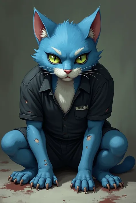 a blue cat character, with the mouth to the white belly, green-eyed, anthropomorphic, wearing a black polo shirt, with short sleeves and an open collar, also wearing black shorts, wounded and dirty, with his ripped polo shirt and shorts, he is lying on the...