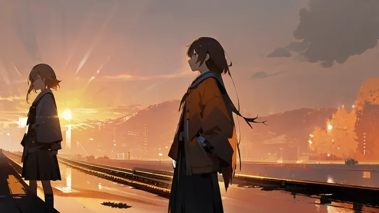 Ultra high quality, ultra high resolution, sunset over the horizon at a quiet train station, a young Japanese girl sitting on a wooden bench on the platform, wearing a school uniform, looking into the distance while waiting for her train, soft lighting, no...