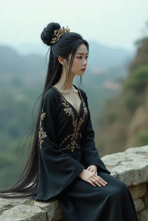 Yamagishi,A Chinese female doll,long flowing hair,headband bun,Big breasts,Wearing a black antique Chinese style Xianxia Fengxia dress,sit on stone,looking into the distance