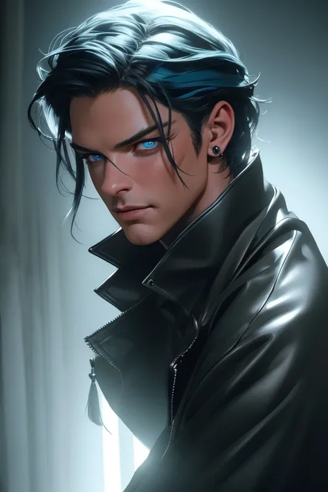 handsome man staring at the camera like a psychopath, devilish smile, sexy, tight black leather outfit, blue hair, light turquoise eyes, eyes wide open, tousled hair, he holds a mask in his hand, long eyelashes, (best quality,4k,8k,highres,masterpiece:1.2)...