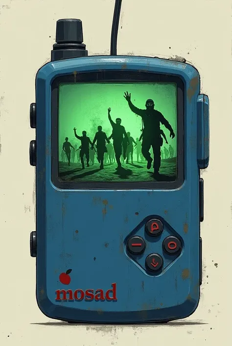 Create an illustration of a blue pager with the brand name “MOSSAD”, and has a green display, On the pager display it says &quot;GAME OVER&quot; and shows the leader of Hezbollah wearing a round head covering with his followers running away in fear.. Make ...