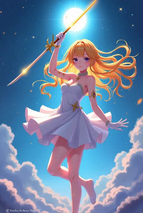 Yellow and orange long hair anime girl，White Gloves，short skirt dress，Night Sky，Holy Sword￼