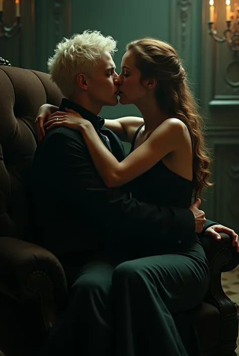 Young Draco and hermione siting on his lap and forcefully kissing in a room with dark and green vibes 