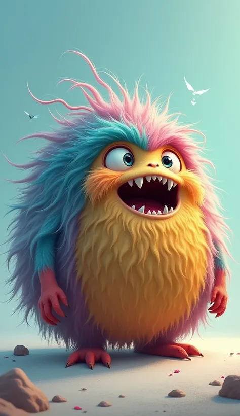 hairy living ball, long hair, big eyes, fangs in the mouth, long colorful hair on blue and white gradient colors