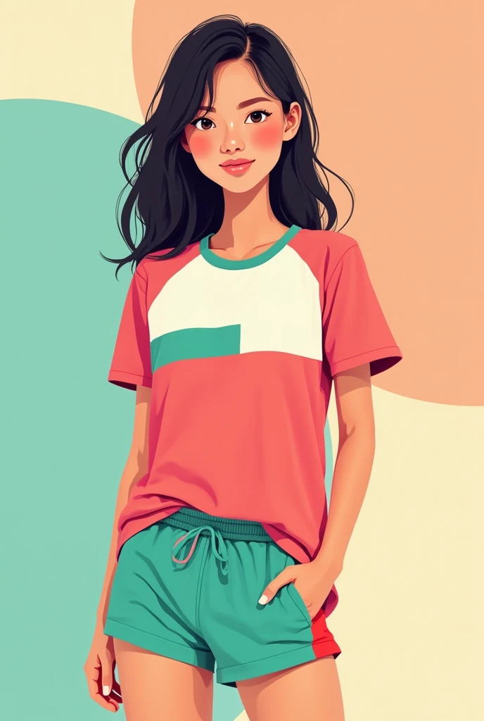 a Young woman in a pink and green shirt and shorts, pink white turquoise, teal silver red, flat colour-block style, color block, short sleeves, warm tri - color, two - tone, sport t-shirt, multicolored tshirt art, wearing a t-shirt, 3 colors, t - shirt, t-...