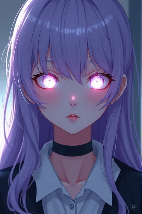 A 30 year old woman, long lilac hair, empty, glowing white eyes staring at the screen seriously. Make anime style