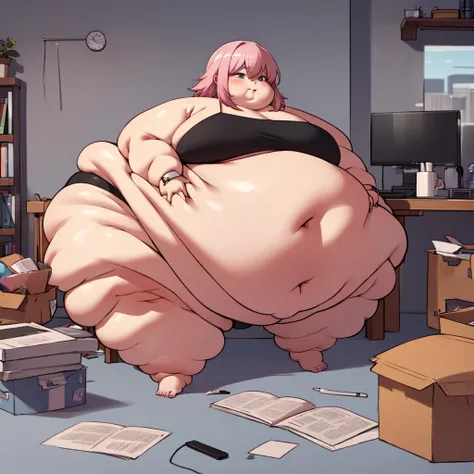 masterpiece,Best Quality,Super delicate,Severely obese women,Sitting on the floor, Extremely overweight, Extreme obesity, Large waist,Extremely obese women,Wearing a black bikini, Huge breasts very fat, Pink Hair, Extra Large, ((Obese belly that hangs down...