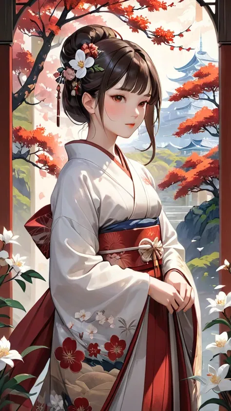 Gregory Manchess style, unreal world, high detail illustration, Design an illustration of a young woman in a traditional Japanese kimono adorned with detailed floral embroidery. She is surrounded by a tapestry-like background of blooming flowers, evoking t...