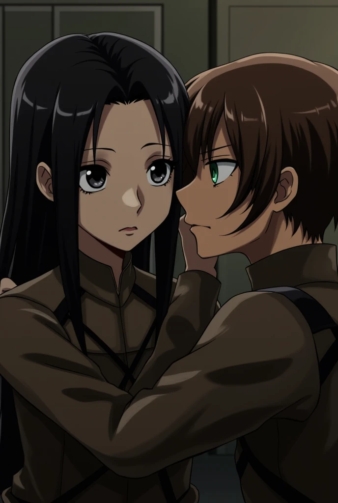 Attack on titan. The adult brunette woman with long straight black hair. The woman has black eyes and a serious expression. She is dressed in the uniform of the reconnaissance division.. Next to her is Eren Jaeger, a man with brown hair and big green eyes....