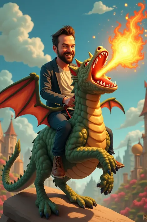 Ricky Gervais riding a dragon cat Spiting up a fire furball