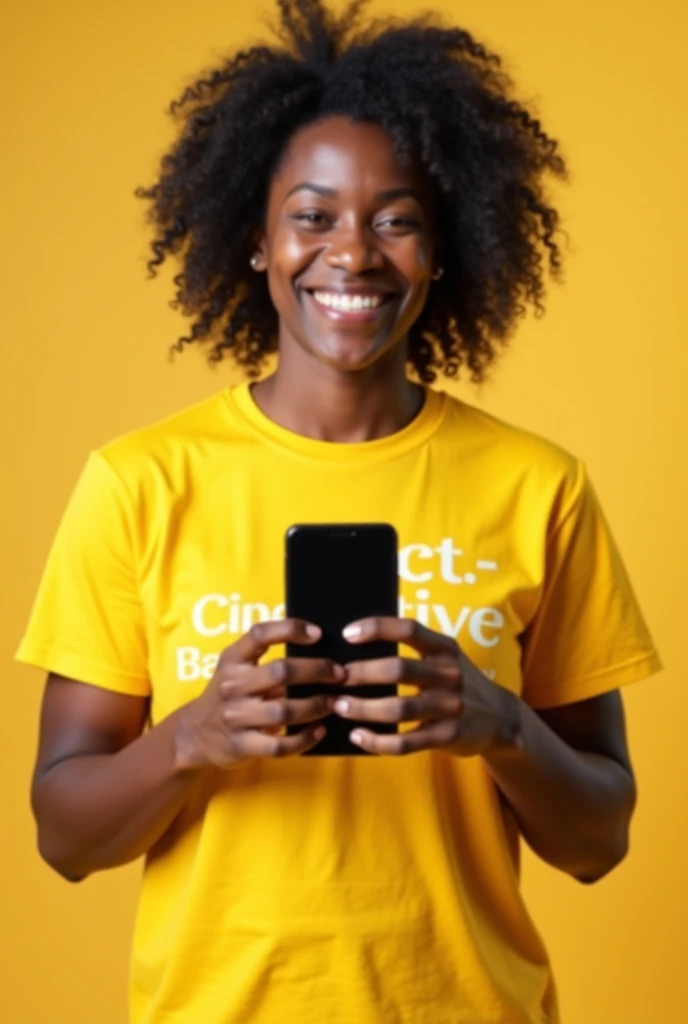 black model holding phone front side for muckup with yellow t-shirt with PC shopping description on t-shirt and smile on face

