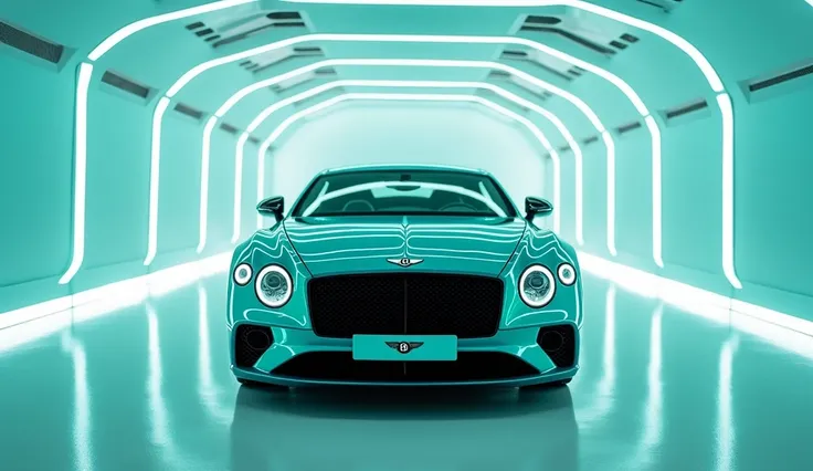 teal color full HD picture 2025 Bentley continental GT showroom background logo in 2025 Bentley continental GT Luxurious showroom  all view number plate logo Bentley white tunnel and luxurious showroom 