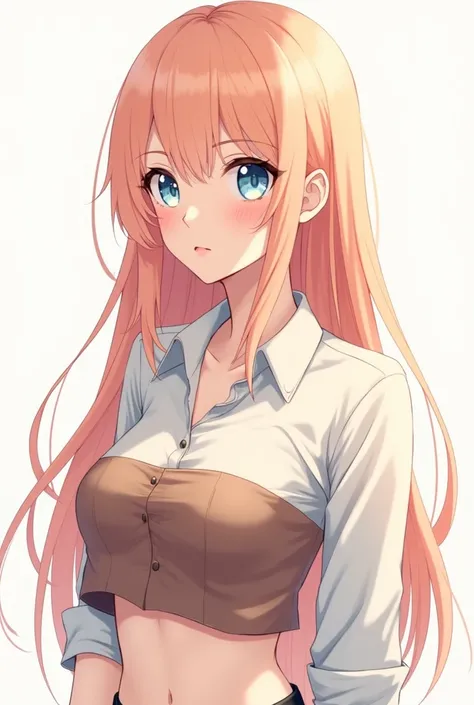 anime, a woman with long peach hair and sea blue eyes, wearing a white shirt with a brown crop top 
